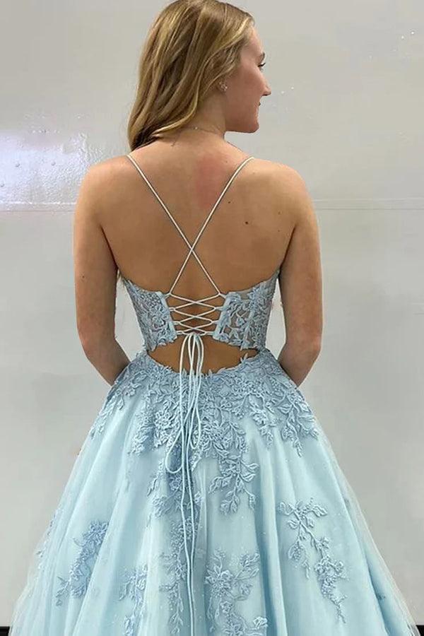 A-Linie Spaghettiträger Korsett Rücken langes Ballkleid mit Applikationen PSK435