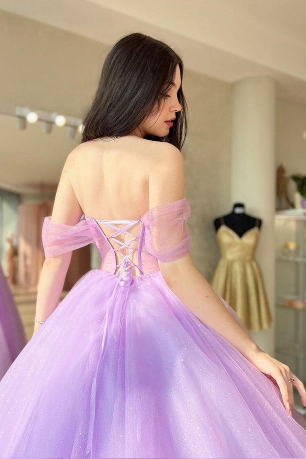 A-Linie Herzausschnitt Tüll Lila Langes Ballkleid Abendkleider PSK364