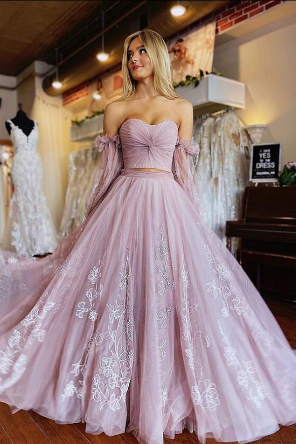 A-Linien-Ballkleid, zweiteilig, staubrosa, mit Ärmeln, PSK508