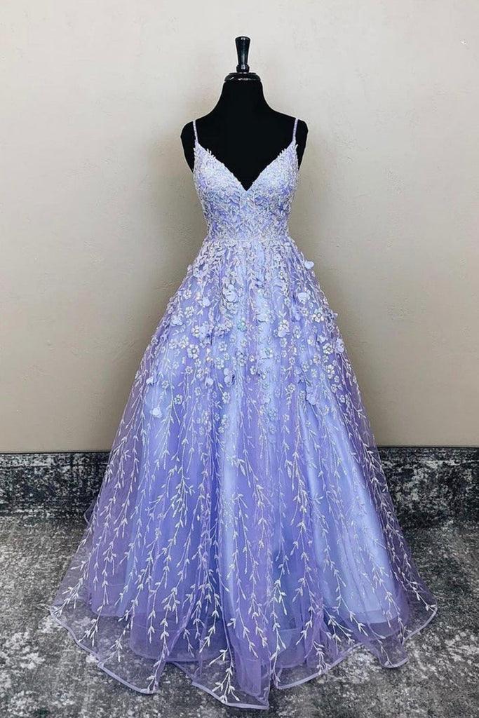 A-Linie V-Ausschnitt Lavendel Spitze Blumen Langes Ball-/Abendkleid PSK385