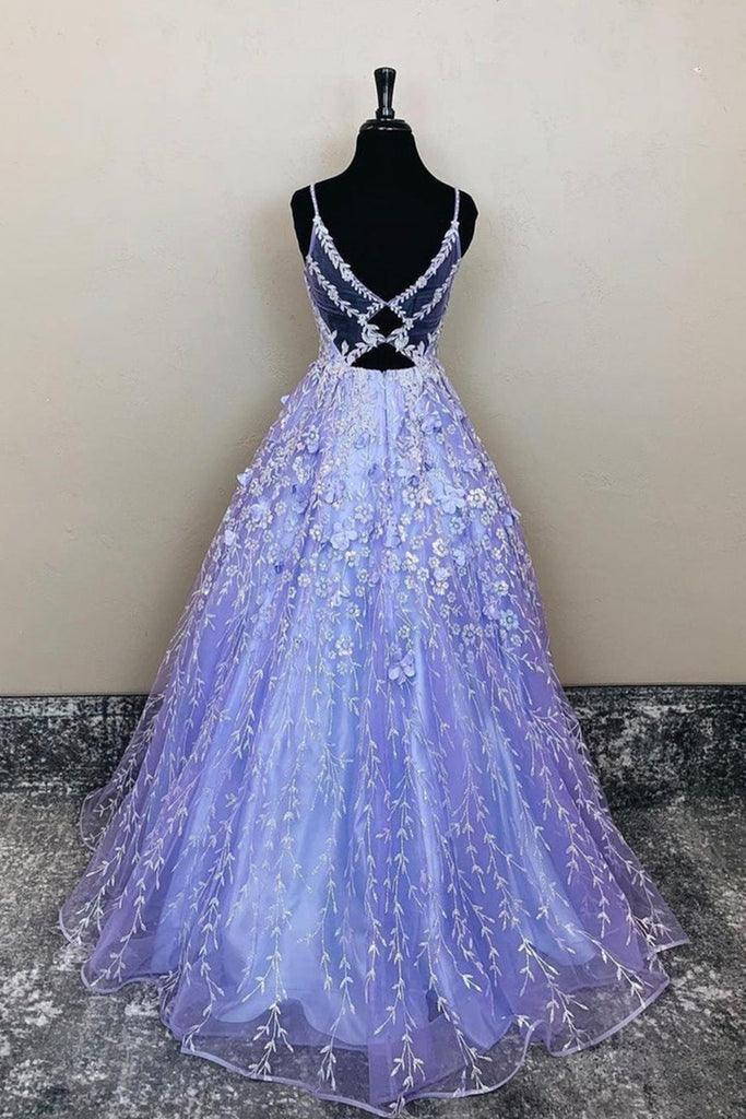 A-Linie V-Ausschnitt Lavendel Spitze Blumen Langes Ball-/Abendkleid PSK385