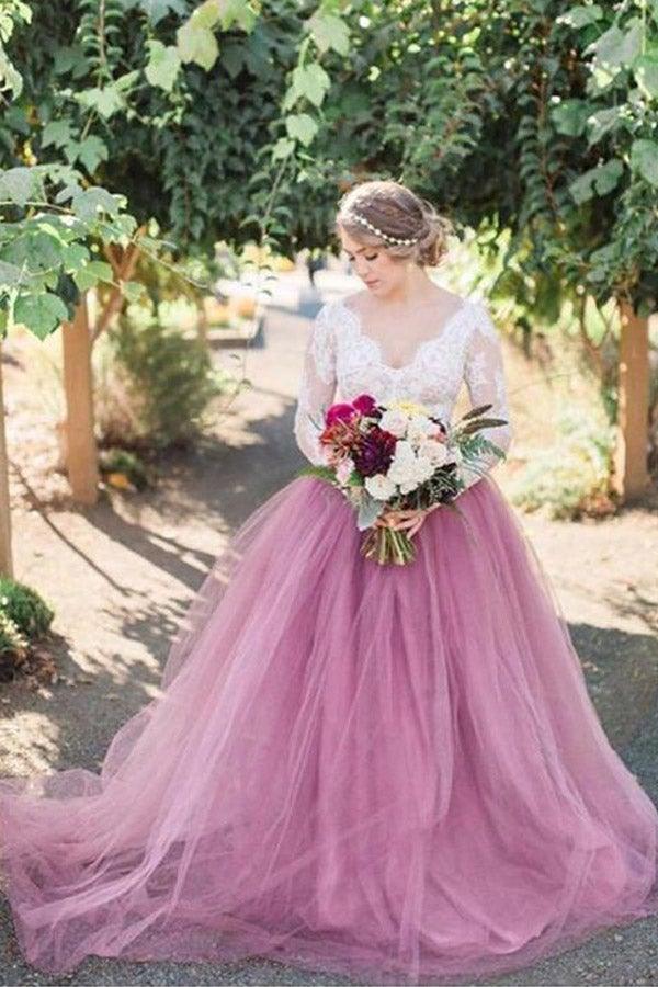 A-Linie V-Ausschnitt Langarm Rosa Tüll Brautkleid mit Spitzenapplikationen WD545