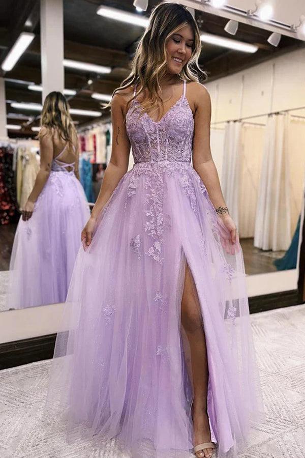 A-Line V Neck Lilac Tulle Long Slit Prom Dress Evening Dress PSK405