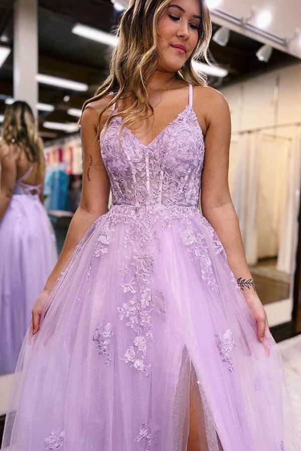 A-Line V Neck Lilac Tulle Long Slit Prom Dress Evening Dress PSK405