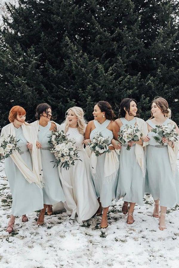 A-line Halter Pleated Chiffon Sleeveless Tea Length Bridesmaid Dresses BD085