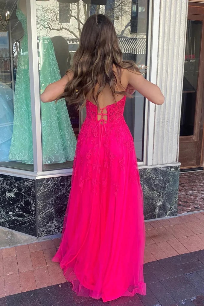 A-line Hot Pink Strapless Floral Appliques Long Prom Dress