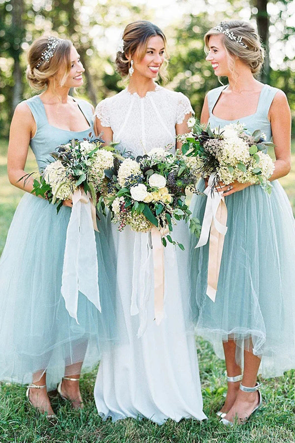 A-line Square High Low Tulle Beaded Simple Bridesmaid Dresses BD111