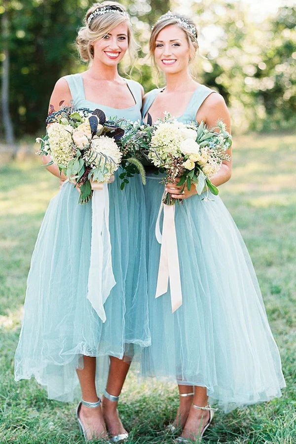 A-line Square High Low Tulle Beaded Simple Bridesmaid Dresses BD111