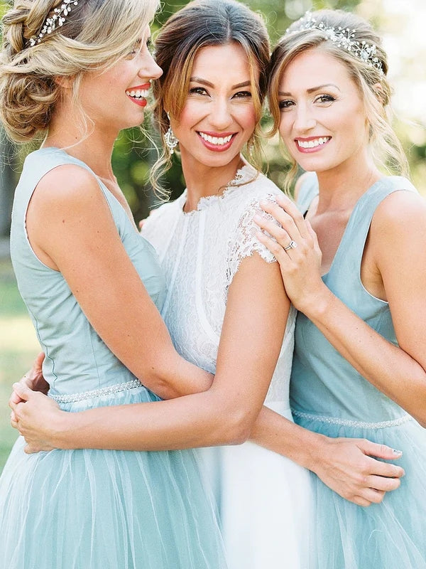 A-line Square High Low Tulle Beaded Simple Bridesmaid Dresses BD111