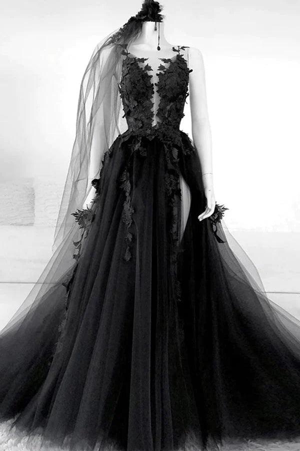 A-line V Neck Black Long Prom Dress Floral Evening Dress PSK431