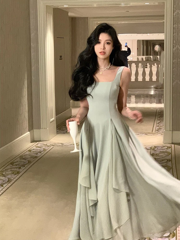 Neue Französisch Weiß Strap Rock Elegante Square Neck Abendkleider Mode Party Kleid Y4486