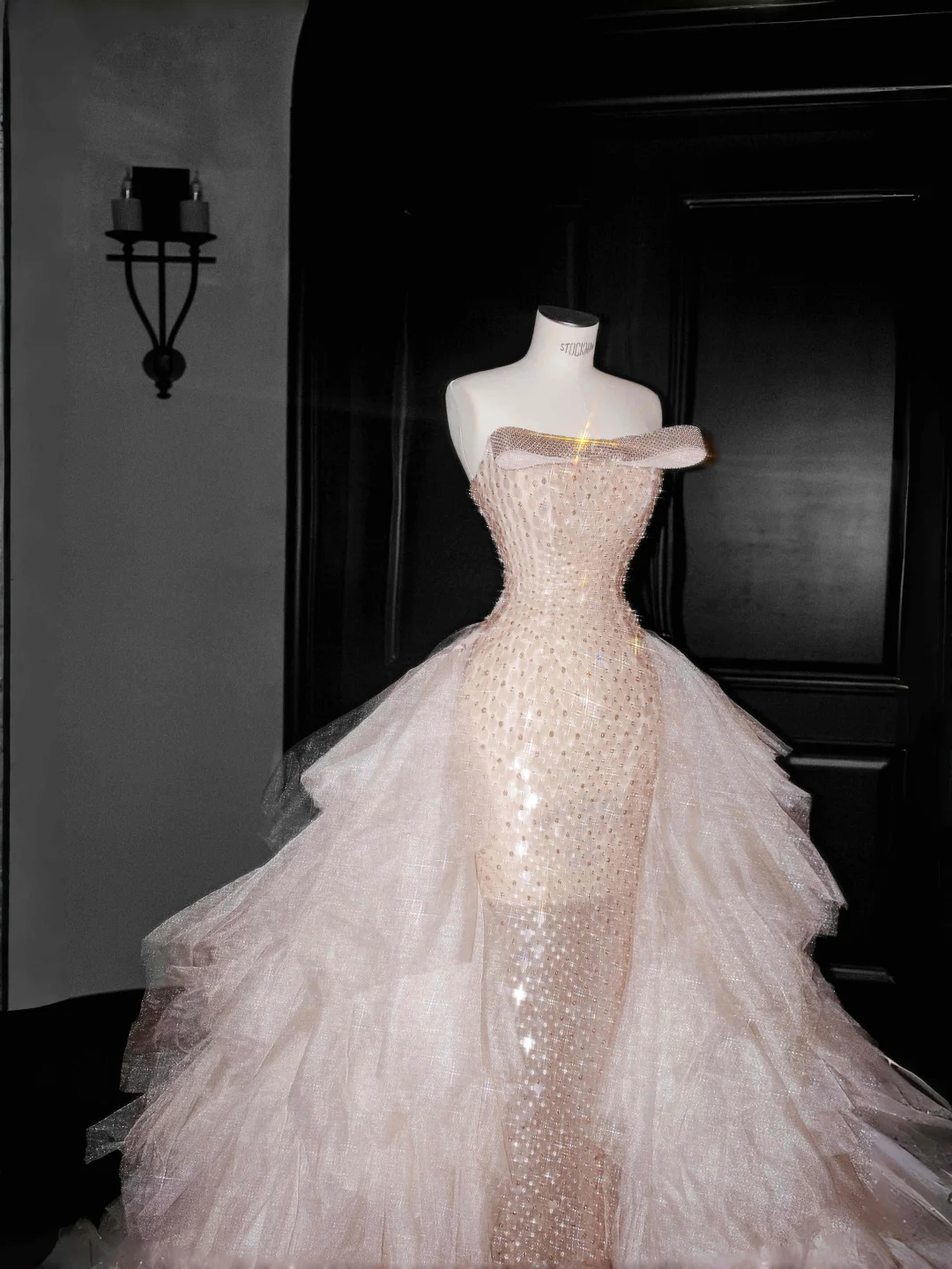 Hermoso vestido de noche largo con tul color champán, lentejuelas y cuentas, vestido de fiesta Y8658
