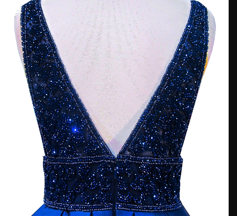 Vestido de noche largo azul marino para mujer, escote en V, sin mangas, espalda abierta, con cuentas, vestido formal de noche Y1193
