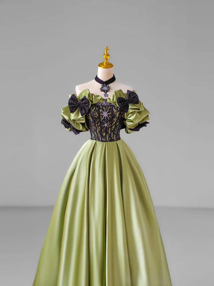 Vestido de fiesta elegante de satén con encaje y lazo verde, hombros descubiertos, Y7745
