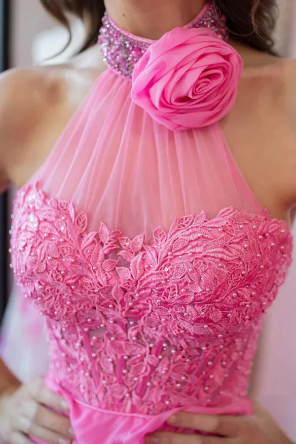 A Line Halter Neck Beaded Lace Long Pink Prom Dresses