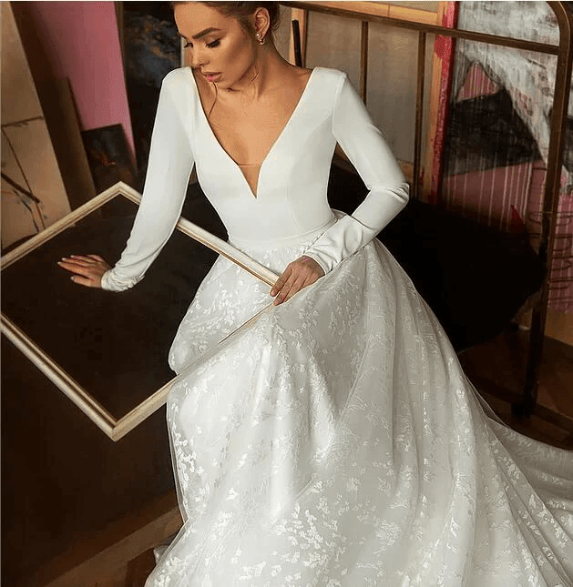 A Line Elegant Long Sleeves V Neck Beach Wedding Dress Bridal Gown WD551