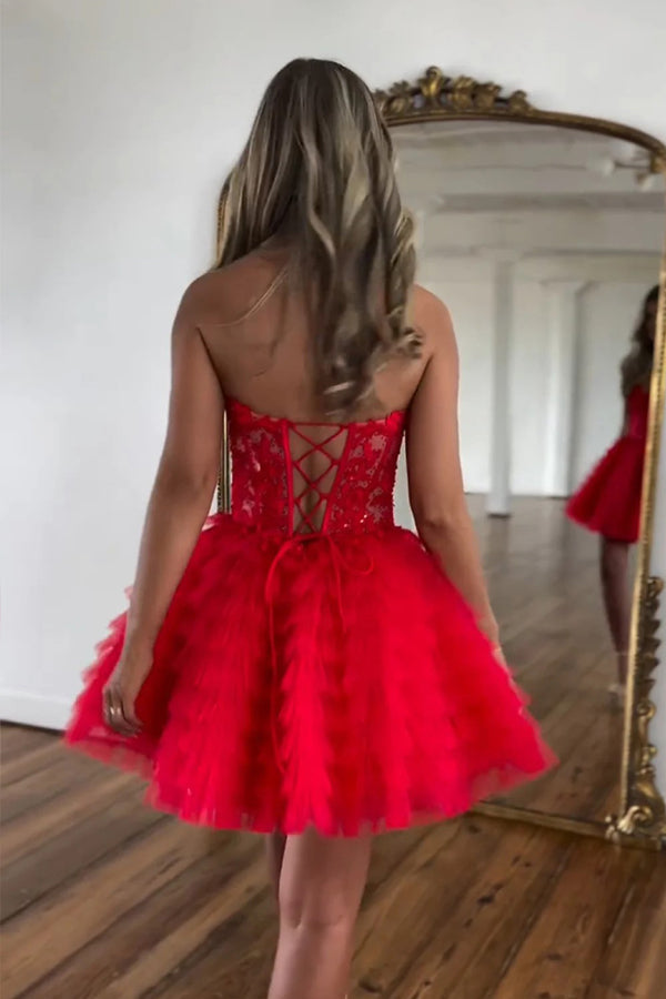 Vestido de fiesta de tul rosa sin tirantes, corte A y con cuentas PD572