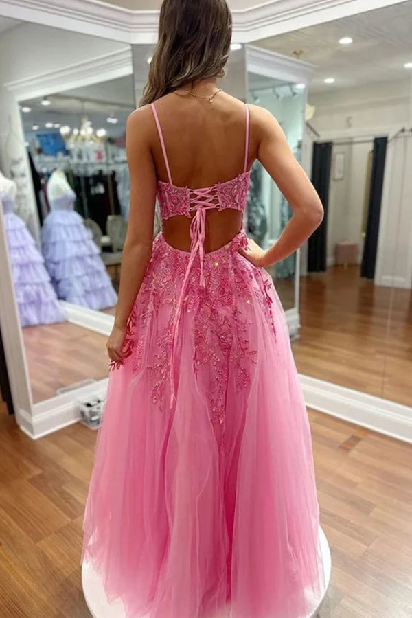 A Line V Neck Hot Pink Lace Long Prom Dresses with Slit