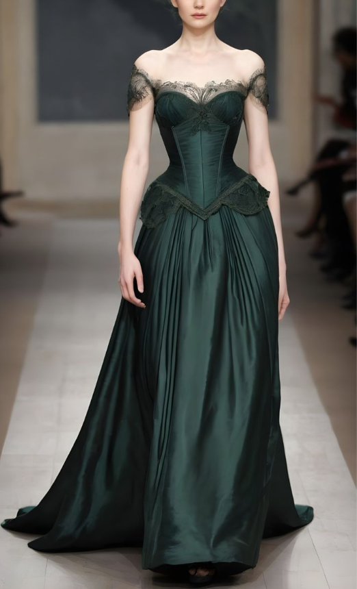 Vestido de noche vintage verde con hombros descubiertos y encaje de satén, vestido formal de fiesta Y7810