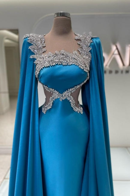 Increíble vestido de fiesta largo de satén azul con pedrería, vestido de noche de diseñador.