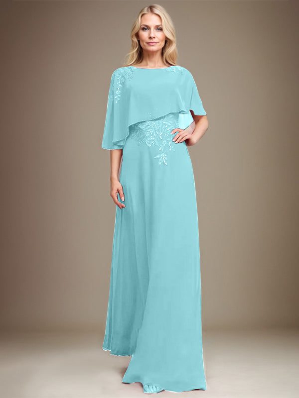 A-Linie U-Ausschnitt Bodenlang Chiffon Spitze Kleid für die Brautmutter mit Pailletten und Perlen