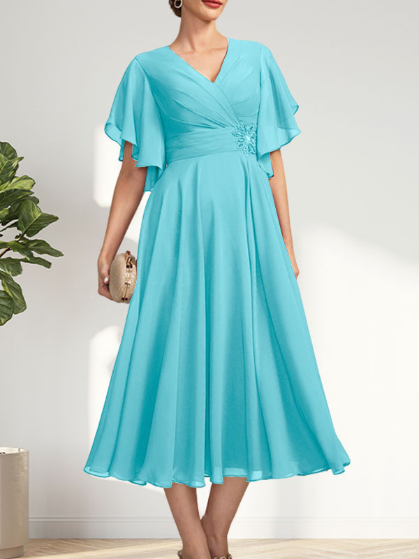 A-line V-Neck Tea-Length Chiffon Mother of the Bride Dress With Pleated Beading