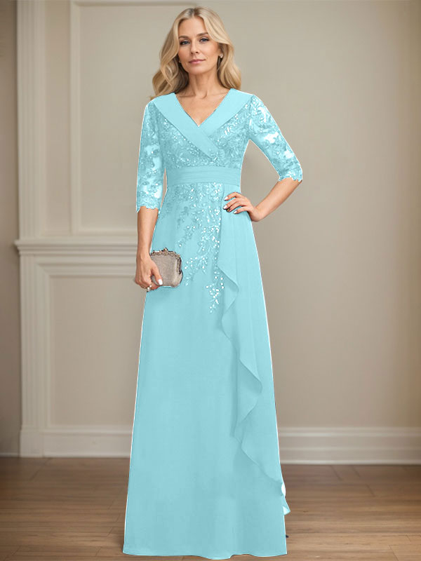 A-Linien-Kleid mit Kragen, V-Ausschnitt, bodenlanges Chiffon-Spitzenkleid für die Brautmutter mit Pailletten und kaskadierenden Rüschen