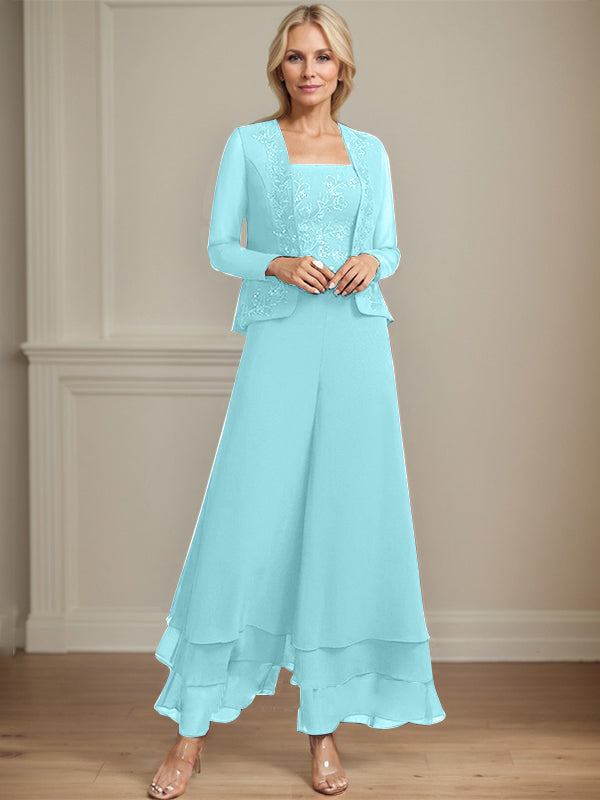 Separates Jumpsuit/Hosenanzug Quadratisches Knöchellanges Spitzenchiffonkleid für die Brautmutter mit Pailletten