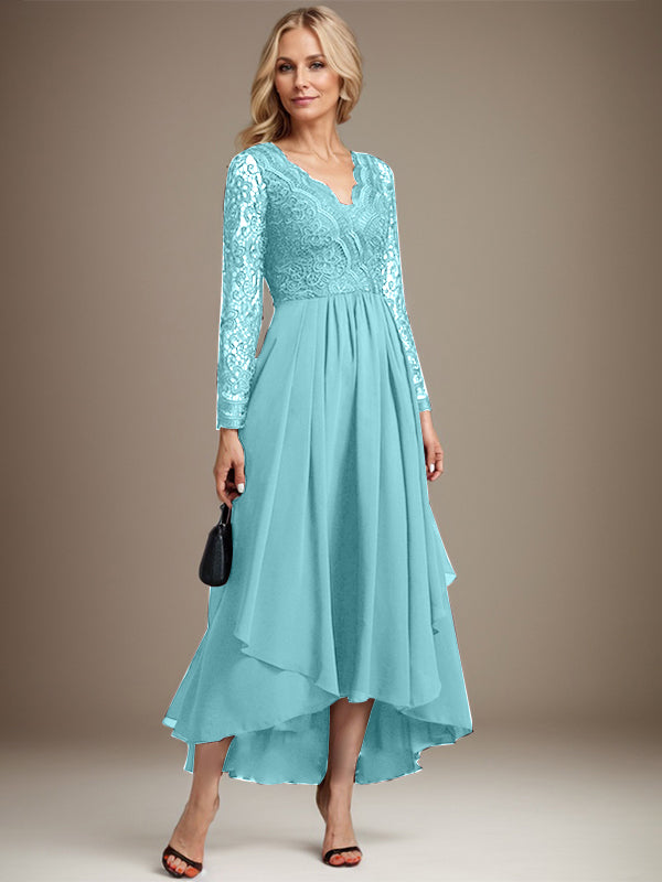 A-line V-Neck Asymmetrical Lace Chiffon Mother of the Bride Dress