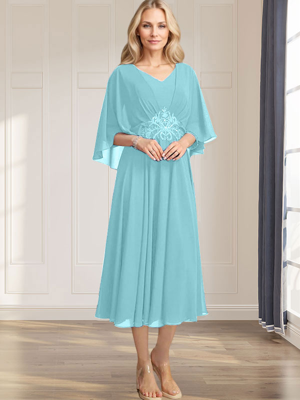 A-Linie V-Ausschnitt Wadenlanges Chiffonkleid für die Brautmutter mit plissierten Paillettenapplikationen Spitzenbesatz