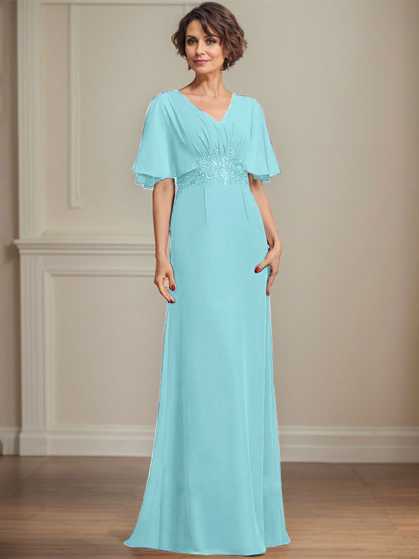 A-Linie V-Ausschnitt Bodenlanges Chiffonkleid für die Brautmutter mit plissierten Paillettenapplikationen Spitze