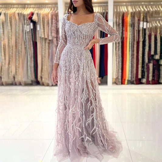 Vestidos de noche largos de lujo de Dubái, con abertura alta, color rosa árabe y cuentas, para mujer, para fiesta de bodas 2025 LA71917