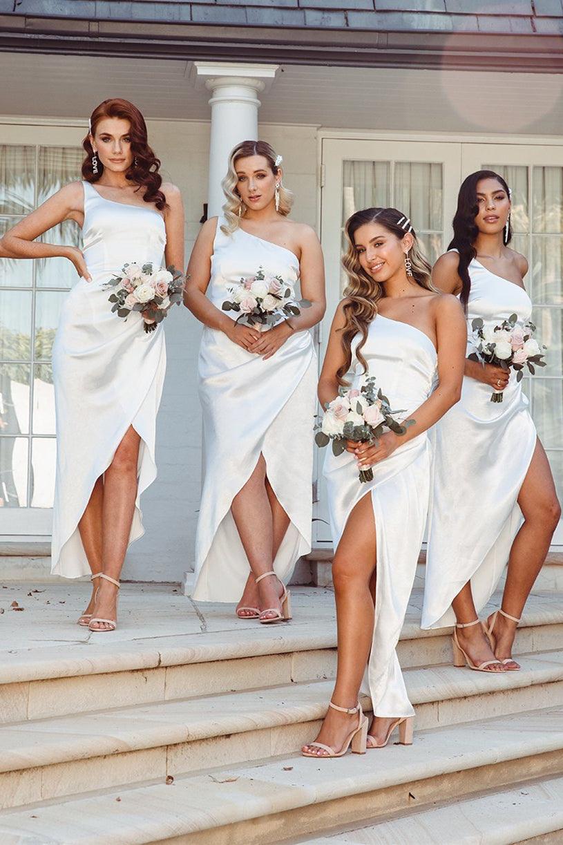 Asymmetrical One Shoulder Satin White Bridesmaid Dress BD097