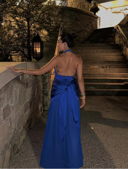 Vestido de noche de satén azul con escote halter y abertura, vestido formal de fiesta Y7863