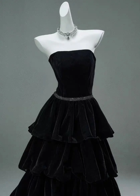 Chic Black A-line Layered Evening Dress Black Strapless Evening Gown Y4378