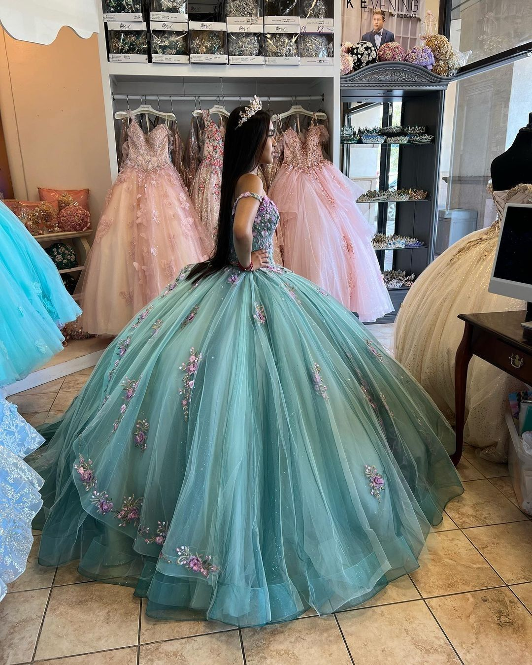 Vestido de quinceañera azul lago con flores 3D, hombros descubiertos, apliques y cuentas, maxivestido de quinceañera Y2632