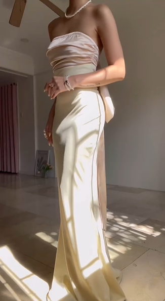 Vestido de noche largo tipo sirena, elegante, sin tirantes y con lazo Y8499