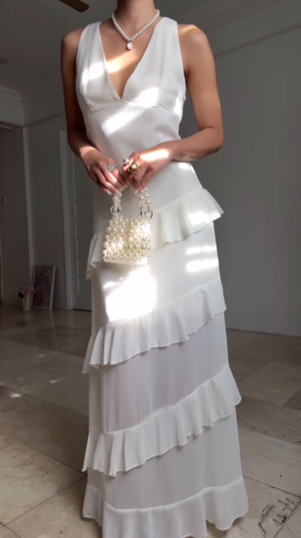 Vestido de fiesta blanco sencillo de gasa con escote en V y volantes, vestido de noche largo sin espalda Y8500
