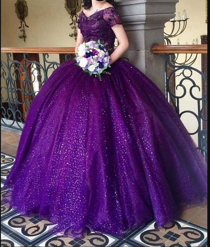 Vestido morado con hombros descubiertos y purpurina, vestido morado de quinceañera, vestido de dulces 16 Y4941