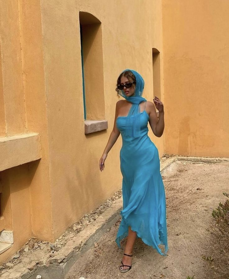 Schickes Spaghettiträger Blau Chiffon Ball-/Abendkleid Y7915