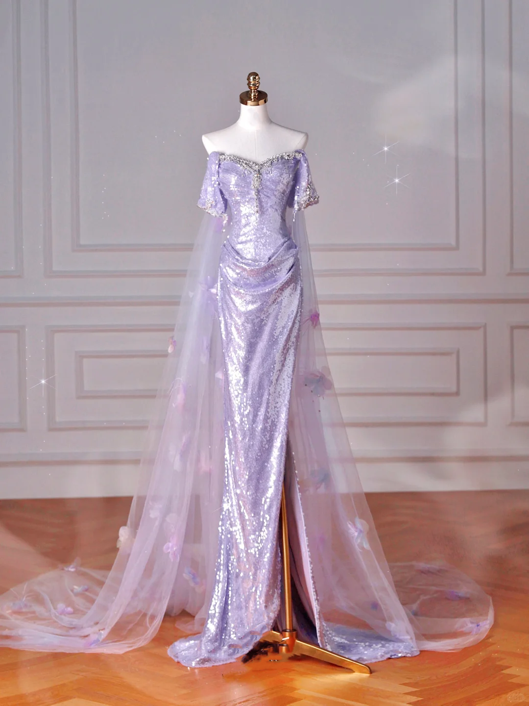 Vestido de noche con abertura y corte sirena, de tul con cuentas y lentejuelas color lila brillante, hombros descubiertos, apliques de tul, vestido de fiesta Y8632