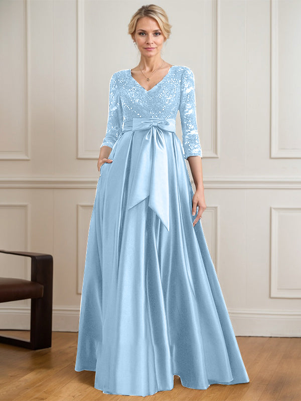 A-Linie V-Ausschnitt Bodenlanges Satin-Spitzenkleid für die Brautmutter mit Paillettenschleife