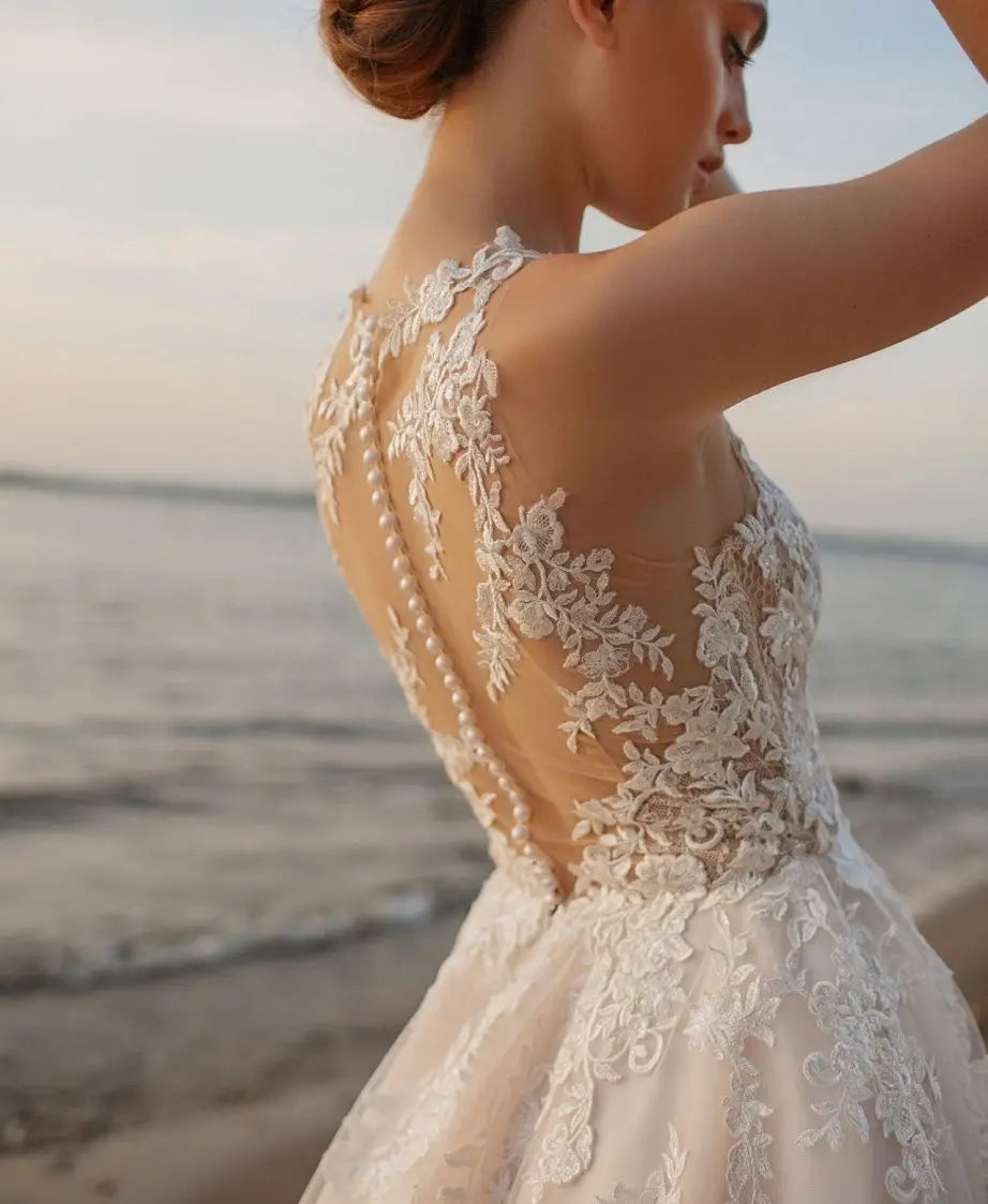 Beach A-Line Wedding Dresses O-neck Sleeveless Vestidos De Novia Custom Made Appliques Vestido De Noiva-payinti