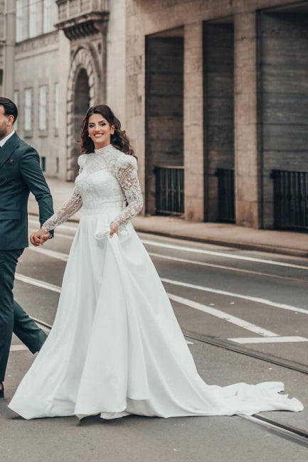 Wunderschönes A-Linien-Brautkleid aus Chiffon mit hohem Halsausschnitt und langen Ärmeln