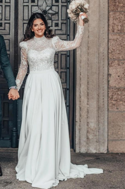 Wunderschönes A-Linien-Brautkleid aus Chiffon mit hohem Halsausschnitt und langen Ärmeln