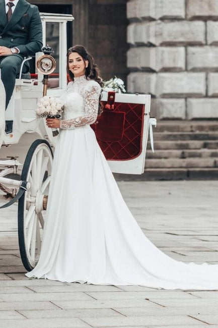 Wunderschönes A-Linien-Brautkleid aus Chiffon mit hohem Halsausschnitt und langen Ärmeln