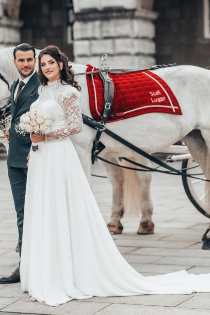 Wunderschönes A-Linien-Brautkleid aus Chiffon mit hohem Halsausschnitt und langen Ärmeln