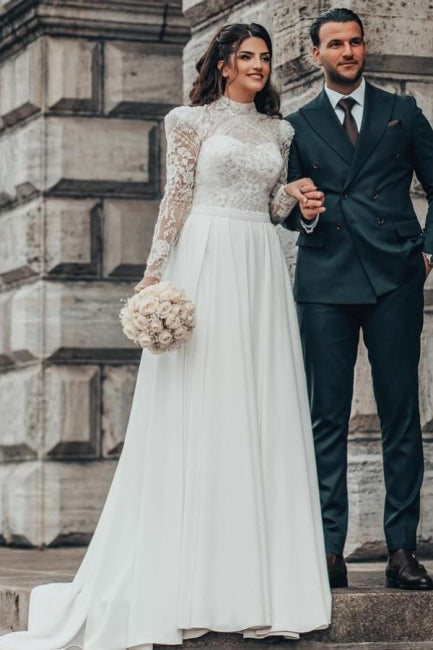 Wunderschönes A-Linien-Brautkleid aus Chiffon mit hohem Halsausschnitt und langen Ärmeln