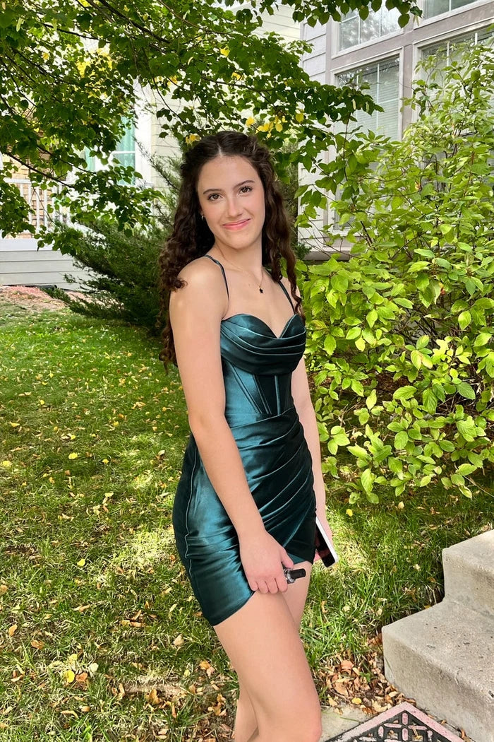 Beautiful Column Spaghetti Straps Sleeveless Ruffles Satin Openback Homecoming Dress