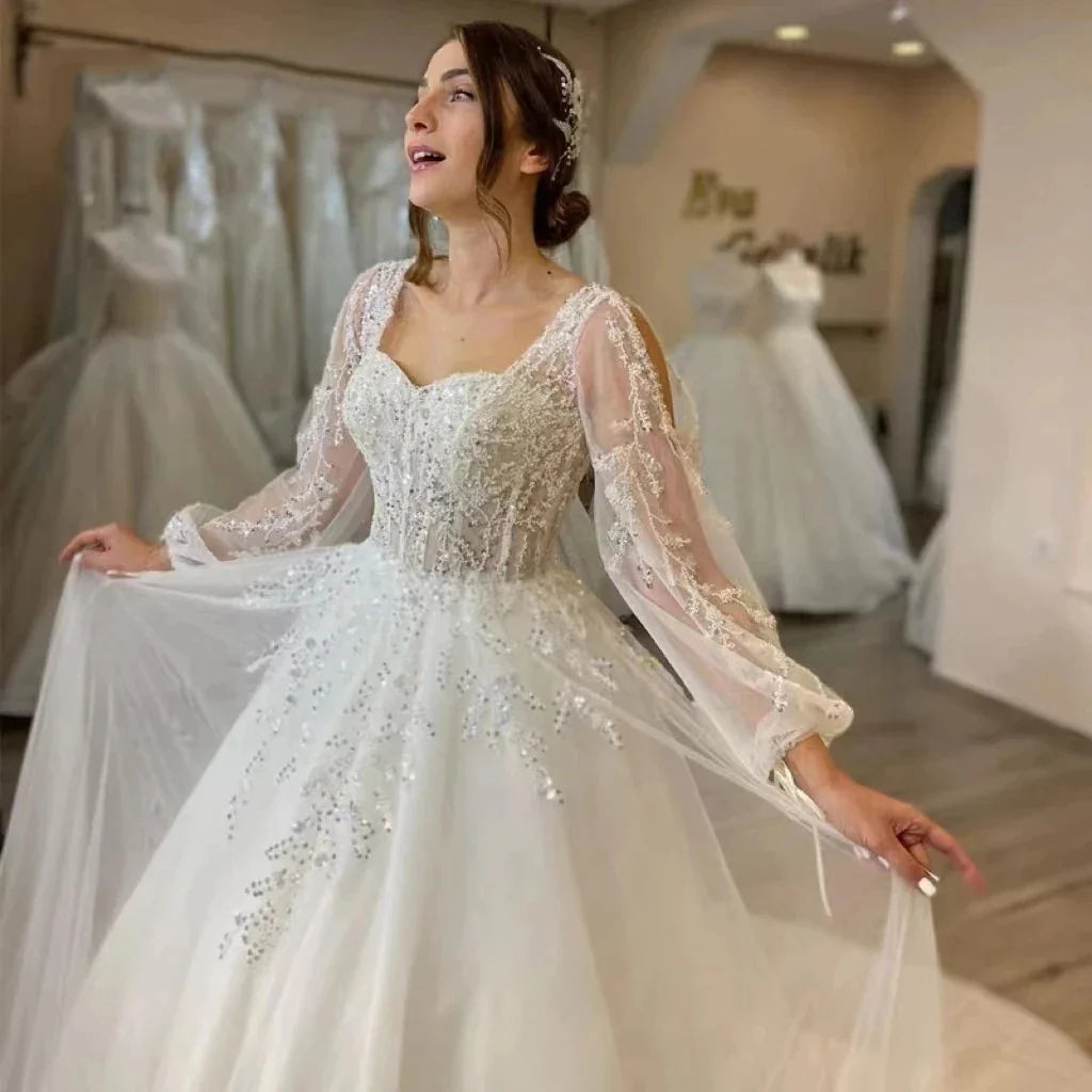 Beautiful Fluffy Long Sleeves Lace Appliques Square Neck Mopping Wedding Dresses White Fascinating Elegant Wedding Dresses Women-payinti